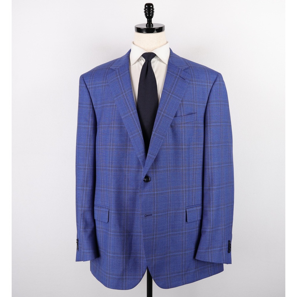 Peter Millar Sport Coat Size 50T Blue Brown Plaid Wool Two Button Blazer Jacket